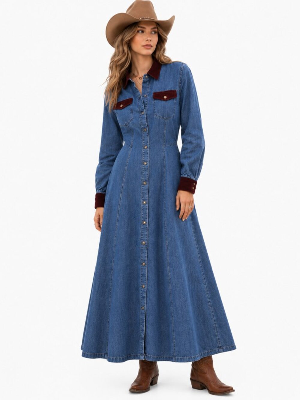 Gotcha Covered Denim Maxi Dress Womens S Velvet Trim 80s Western Prairie Vintage